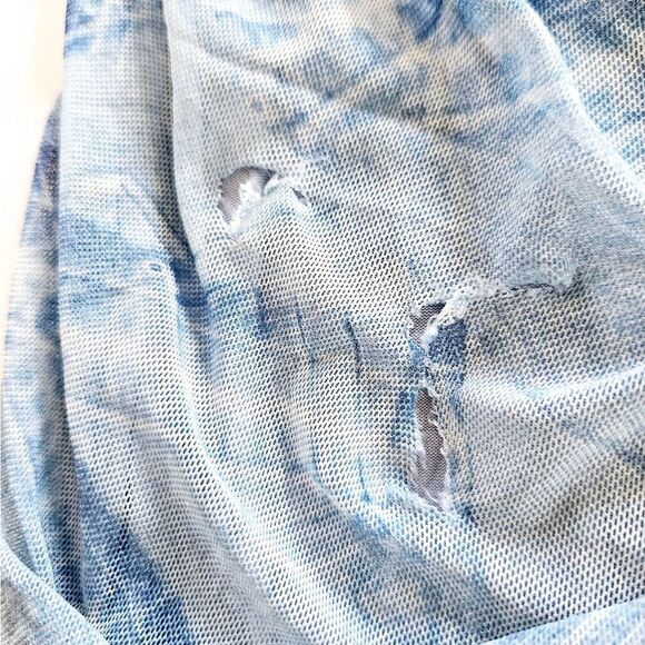 Good American Ruched Denim Patchwork Mesh Overlay Bodycon Midi Dress M - FLAW - Picture 9 of 10